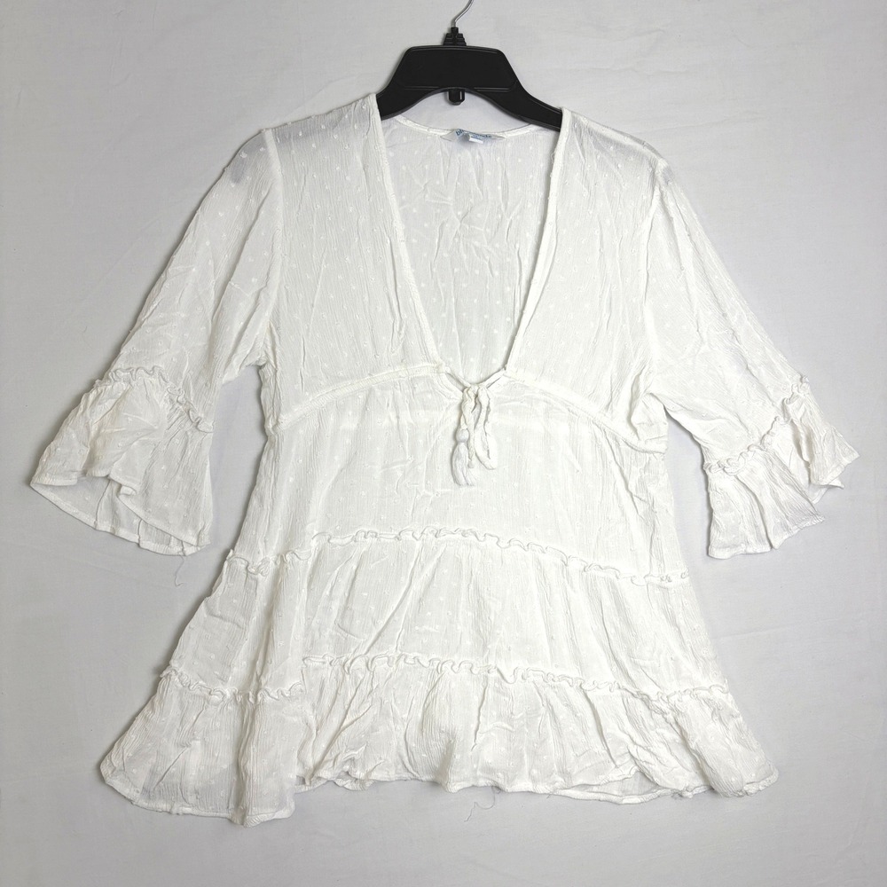 Blue Island Off White Swiss Dot Tiered Ruffle Peasant Top Bell Sleeve‎ Med. Boho